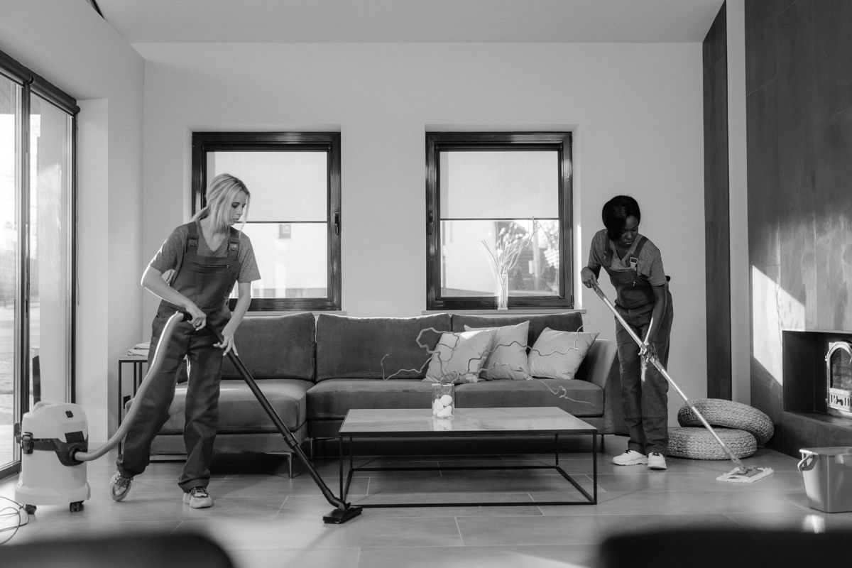 Two cleaning professionals refreshing a modern living room